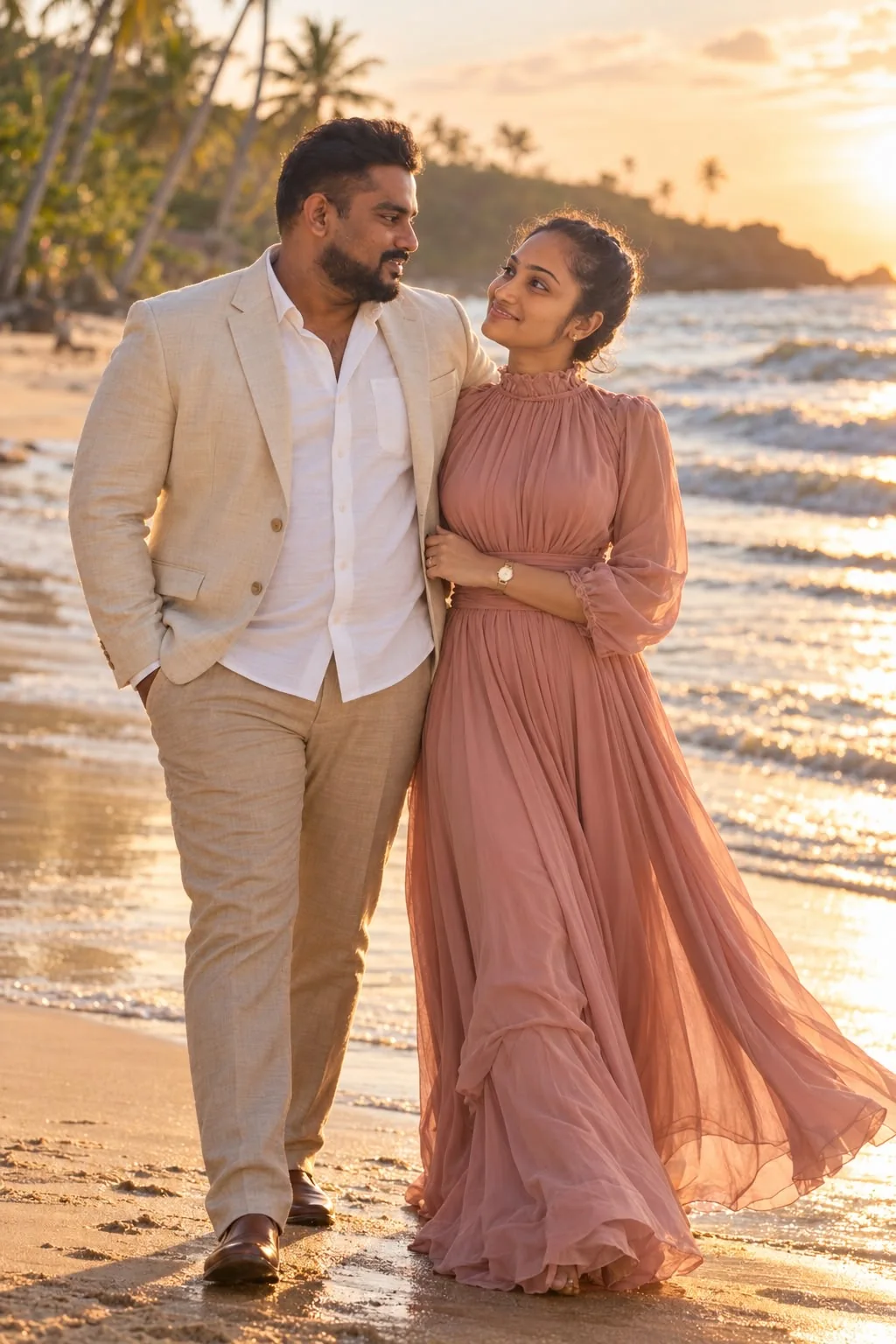 Sanduni and Dhanushka together on a sunset beach